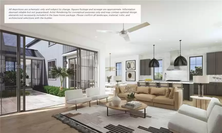 Living room featuring sink, ceiling fan, and light hardwood / wood-style flooring