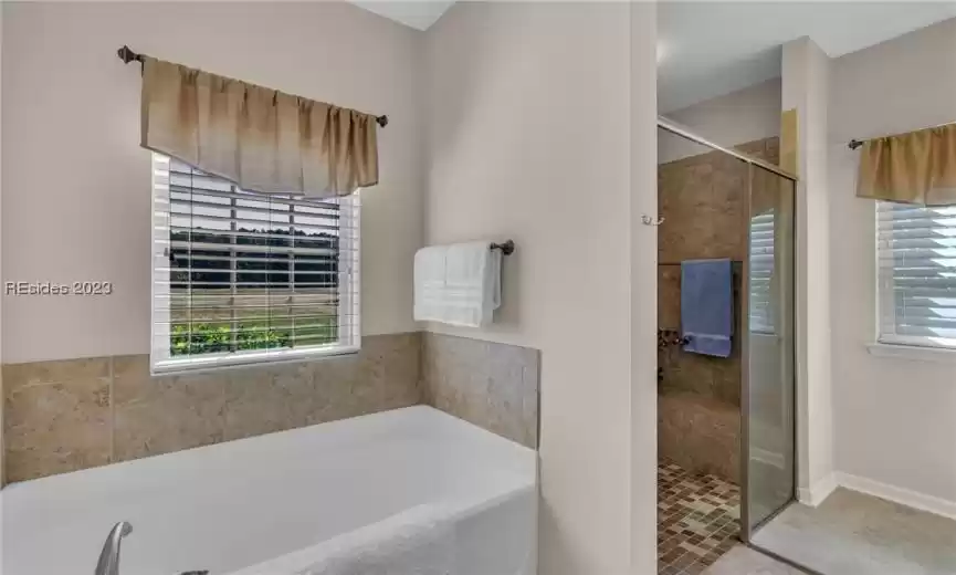 Master bath has a soaking tub and large walk-in shower with a seat.