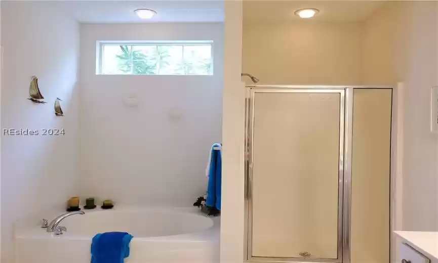 Large garden tub and separate walk-in shower.