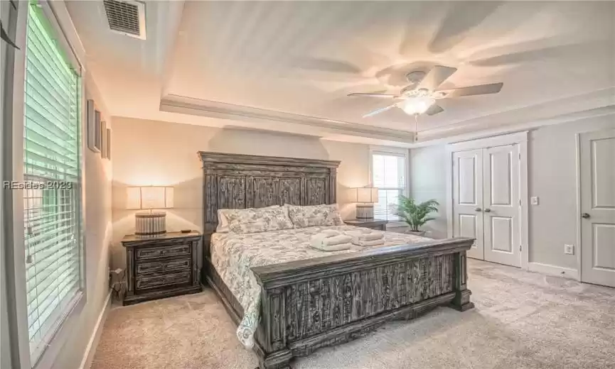 Carpeted bedroom featuring ceiling fan, a raised ceiling, and a closet