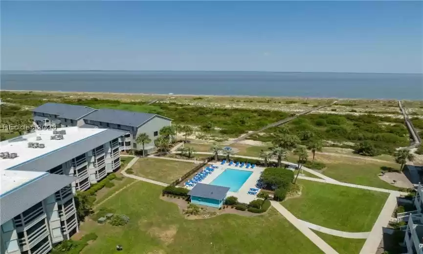 Aerial view of Cedar Reef Pool and ocean.