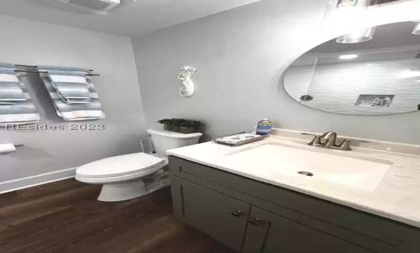 Bathroom with oversized vanity, toilet, and LVP hardwood / wood-style floors