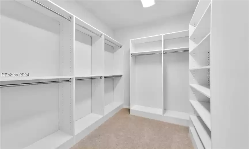 Spacious Primary custom closet featuring light colored carpet