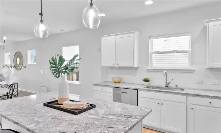 Kitchen featuring white cabinets, hanging light fixtures, tasteful backsplash, and stainless steel dishwasher