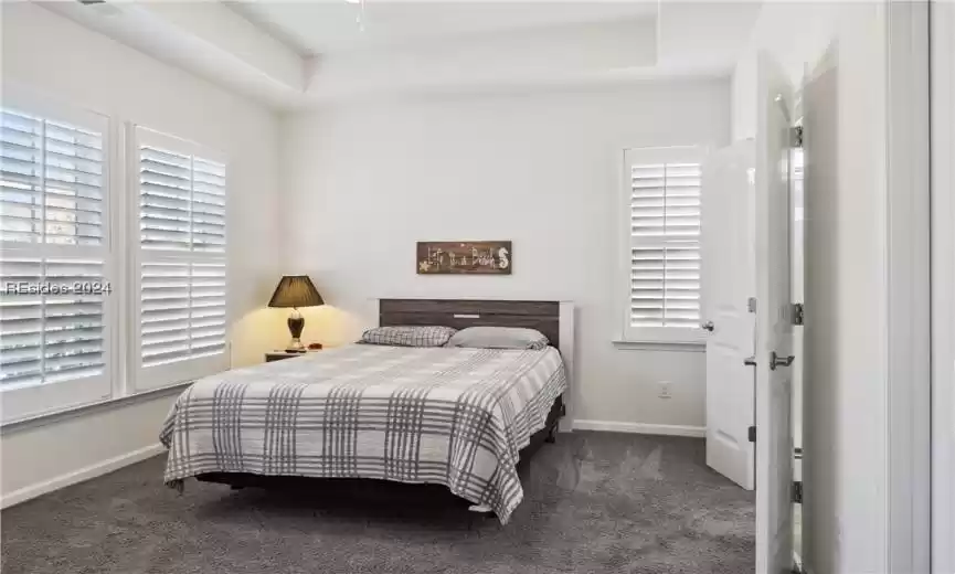 Bedroom featuring multiple windows and dark carpet
