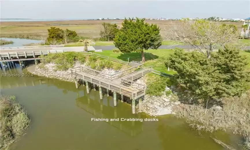 Aerial view of fishing and crabbing docks.