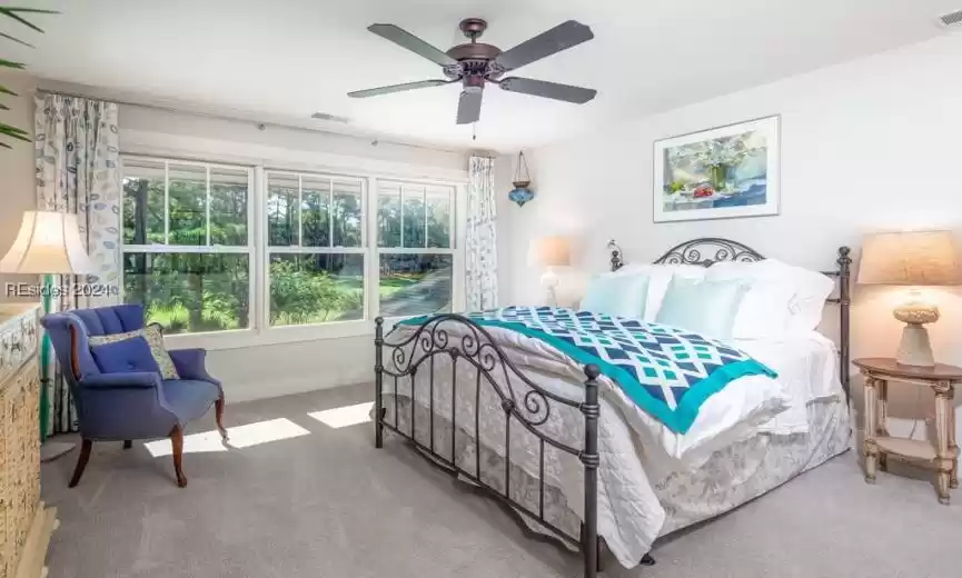 Carpeted guest bedroom ensuite with ceiling fan and lots of natural light.