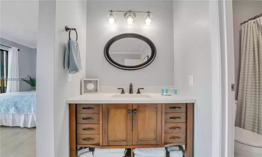 Prep for day or night at this beautiful vanity station.