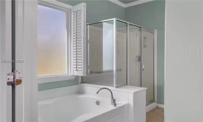 Bathroom featuring crown molding, tile floors, and independent shower and bath