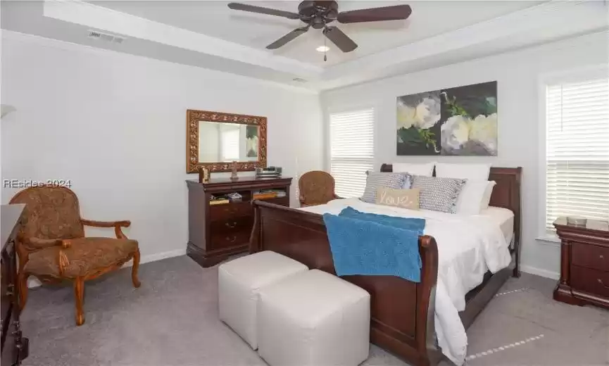 Carpeted Primary Bedroom with two windows, a tray ceiling, and ceiling fan has room for your King-sized furniture.