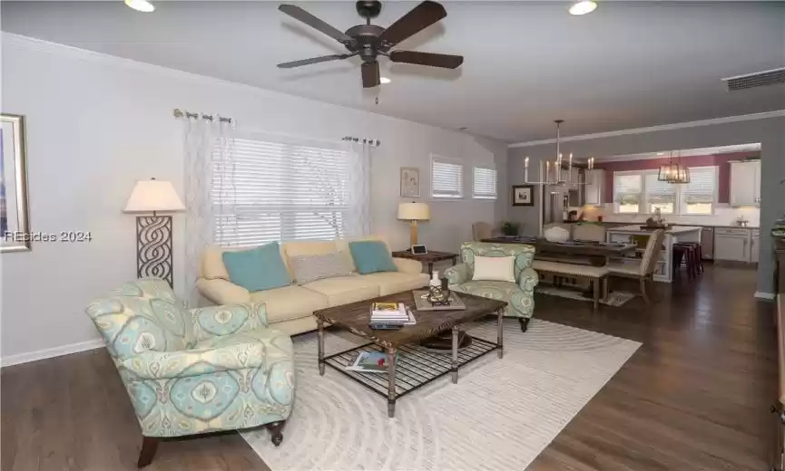 Living room view from the guest bedroom hallway.
