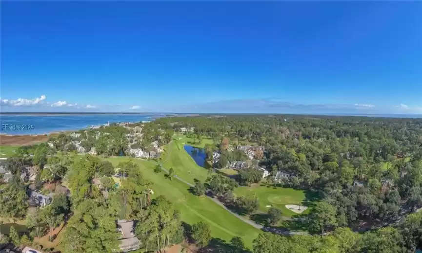 Aerial View of 10th Green and Fairway and 16th Fairways of Harbour Town Golf Links