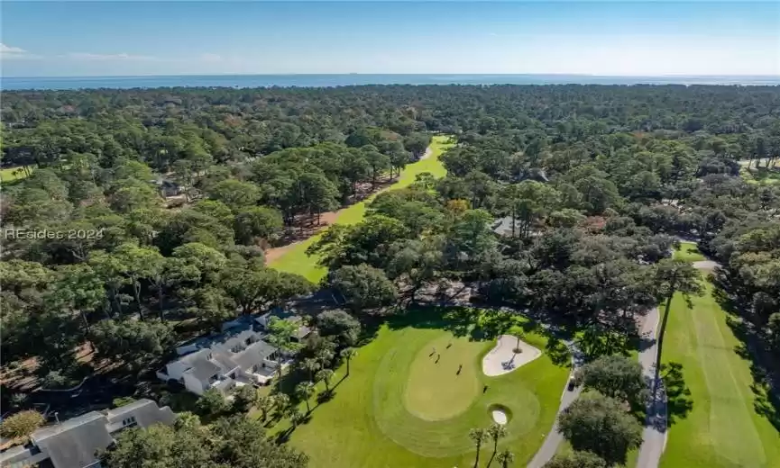 View of Twin Oaks Villas, 10th Green, 11th Fairway, and 16th Fairway of Harbour Town Golf Links.