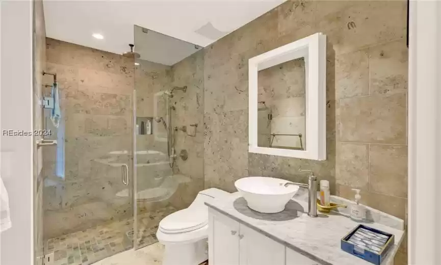 First floor Bathroom featuring vanity, toilet, tile walls, and walk in shower