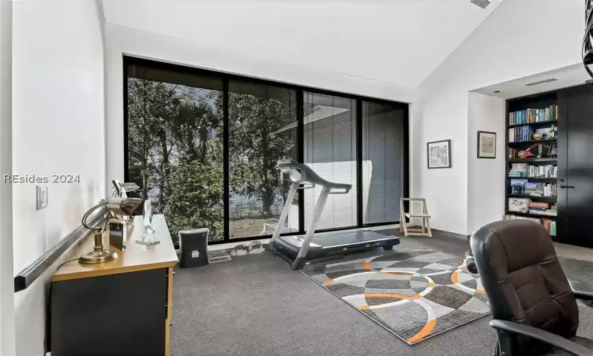Workout room featuring carpet floors and high vaulted ceiling