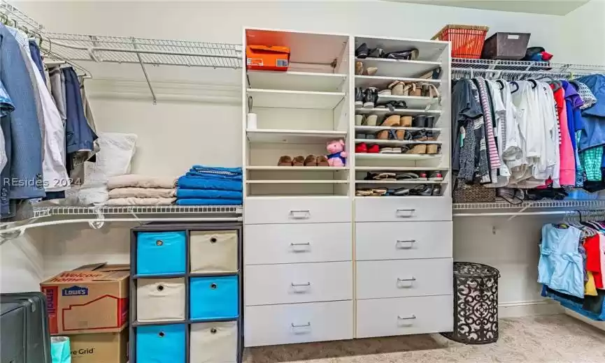 Walk in closet with light colored carpet