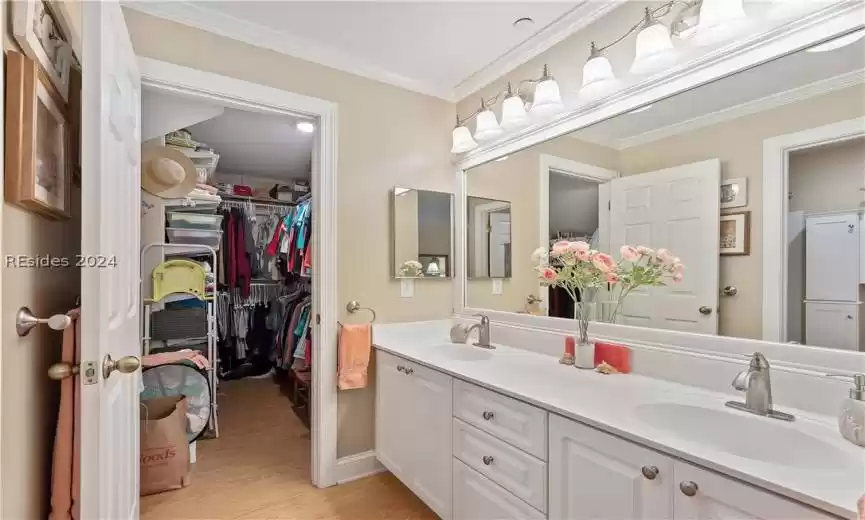Bathroom featuring wood-type flooring, crown molding, and double vanity, leading into a large walk in closet