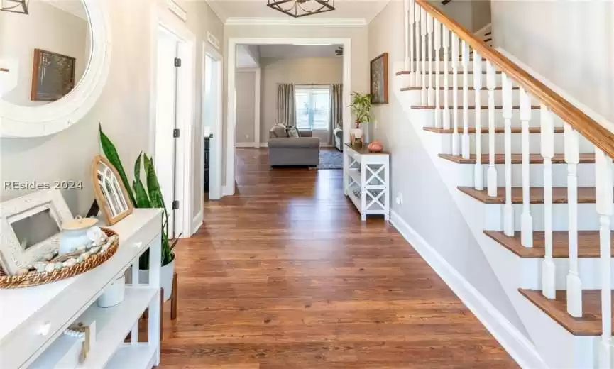 Entryway leads to the living room. Mudroom/laundry to the right and guest bedroom and bathroom to the left