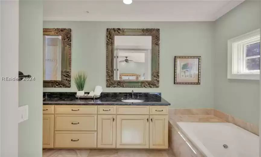 Bathroom with double vanity crown molding, Bath & Separate shower stone/tile