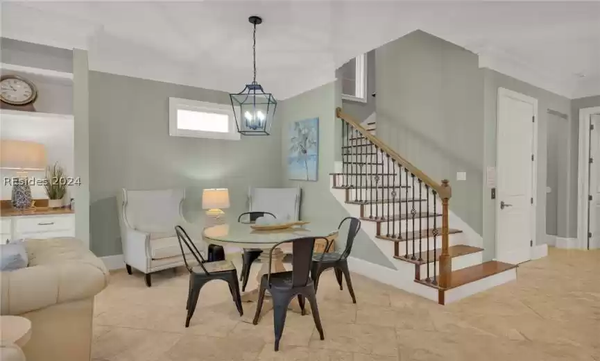 Stone floors, seating for breakfast or playing games