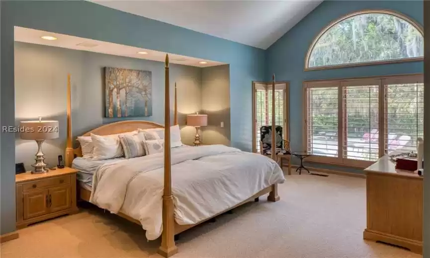 Bedroom featuring multiple windows, high vaulted ceiling, and light colored carpet