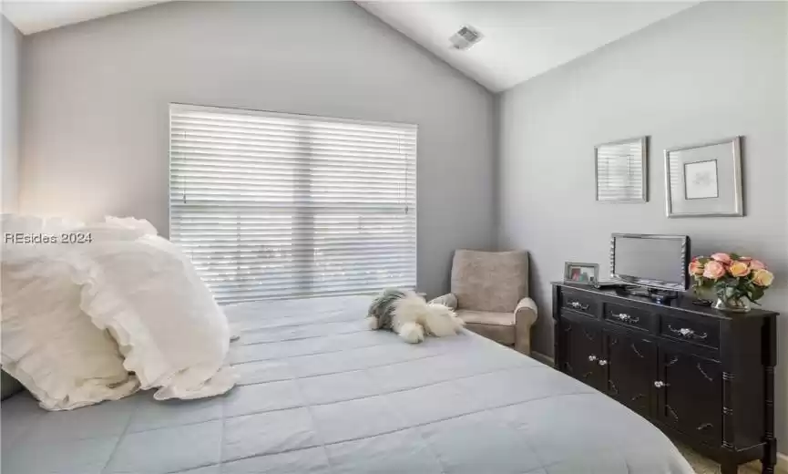 Bedroom with lofted ceiling