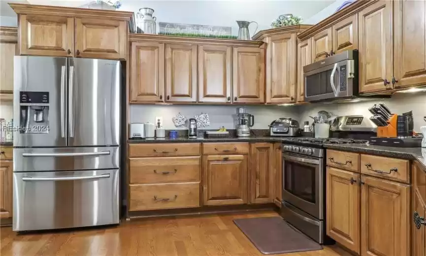 Kitchen featuring hardwood / wood-style flooring, stainless steel appliances, and dark stone countertops