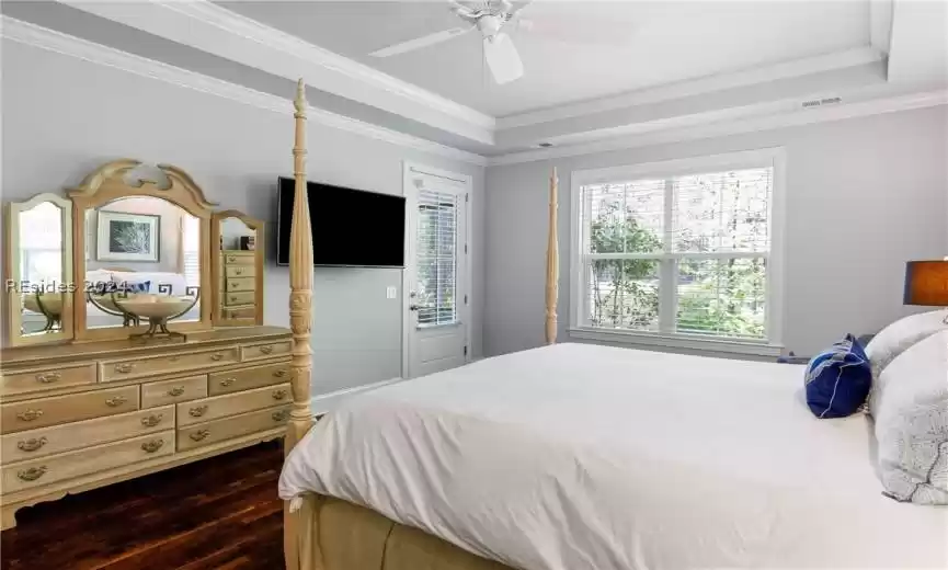 Bedroom with a raised ceiling, dark hardwood / wood-style floors, ceiling fan, and multiple windows