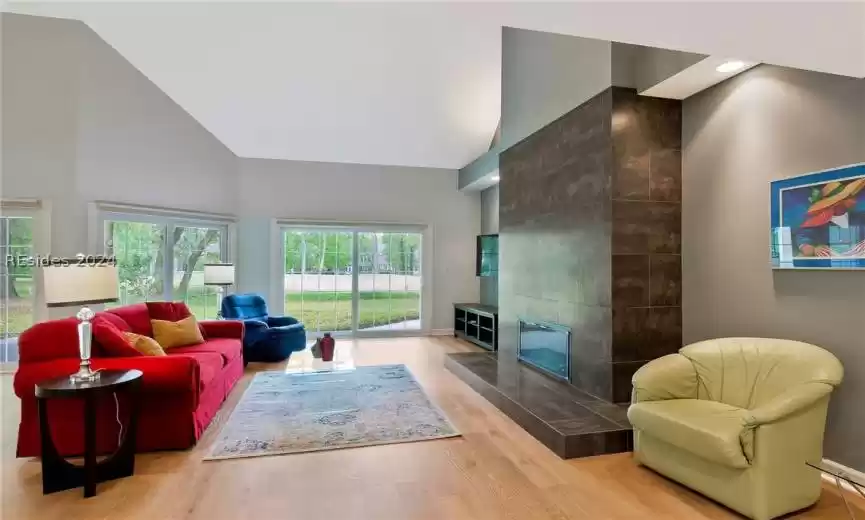 Great room fireplace and golf views