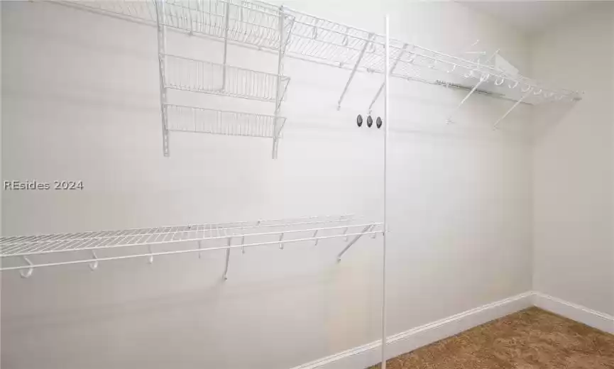 Walk in closet featuring light carpet