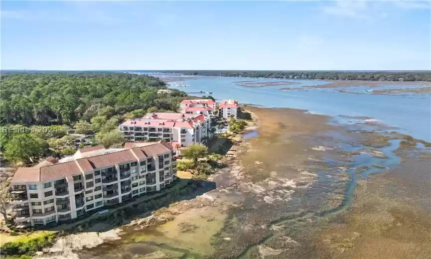 Aerial view of buildings, close proximity to Broad Creek.