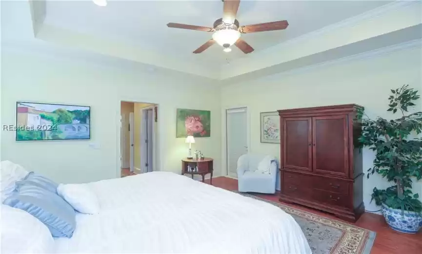 Bedroom with a closet, a tray ceiling, ceiling fan, dark hardwood / wood-style flooring, and ornamental molding