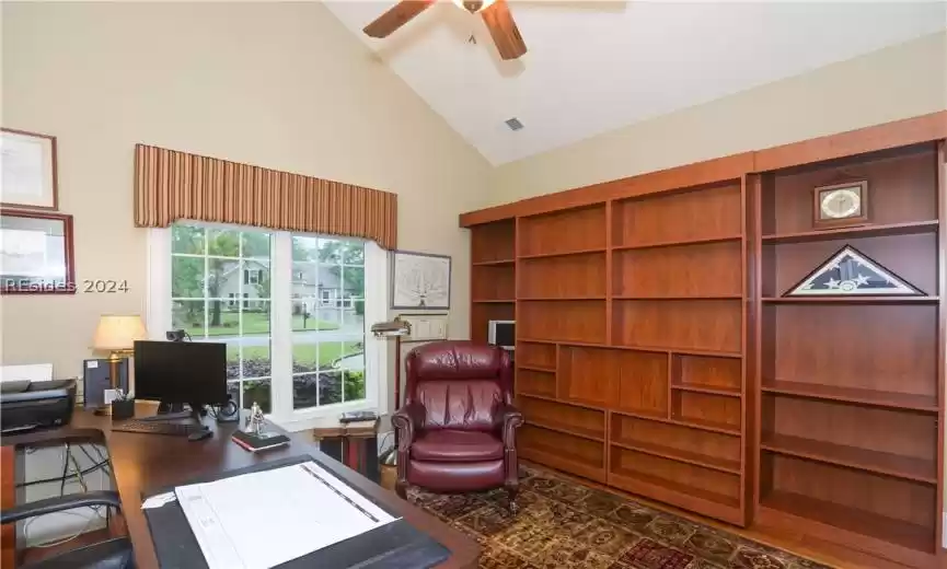 Office area featuring high vaulted ceiling, 5