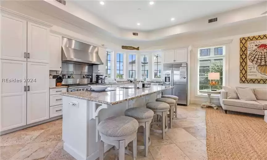 Kitchen with family room view.