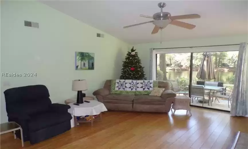 Large living room with a lagoon view