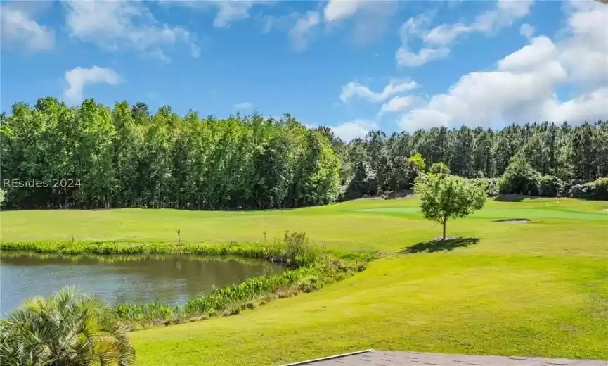 Surrounding community with a lawn and a water view