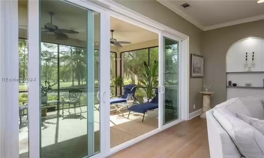 Sliding glass doors open the great room up when entertaining for great flow inside and out.