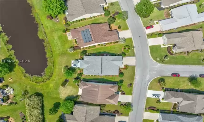 Overhead view showing the quiet street and long lagoon