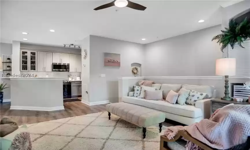 Living room featuring ceiling fan and hardwood / wood-style flooring