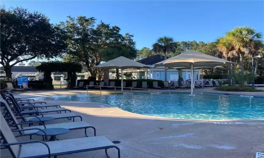 View of swimming pool with a gazebo