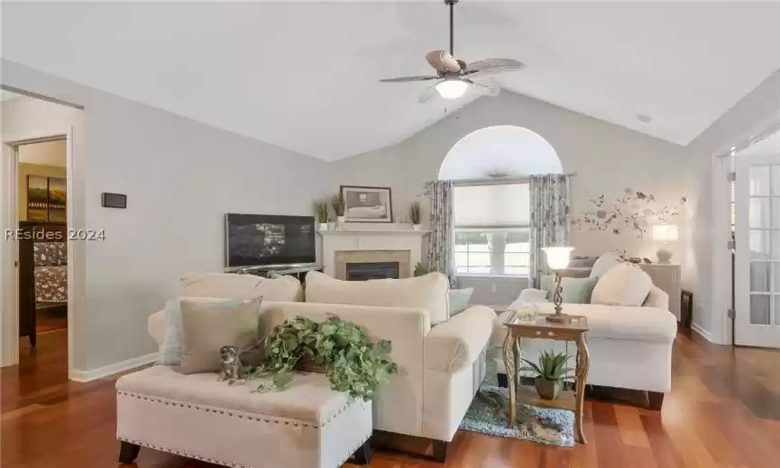 The Great Room features vaulted ceilings and a gas fireplace.