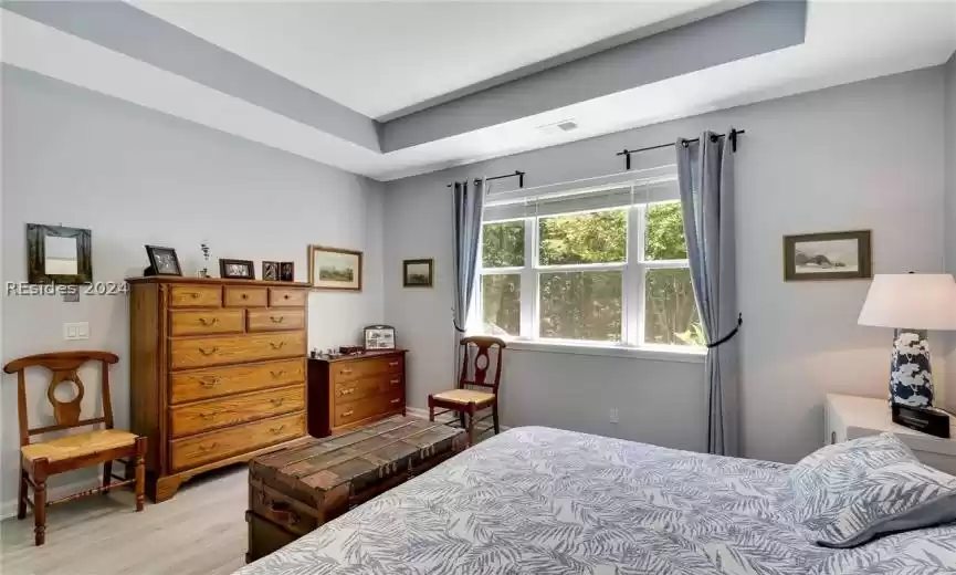 Bedroom with a tray ceiling and light hardwood / wood-style floors