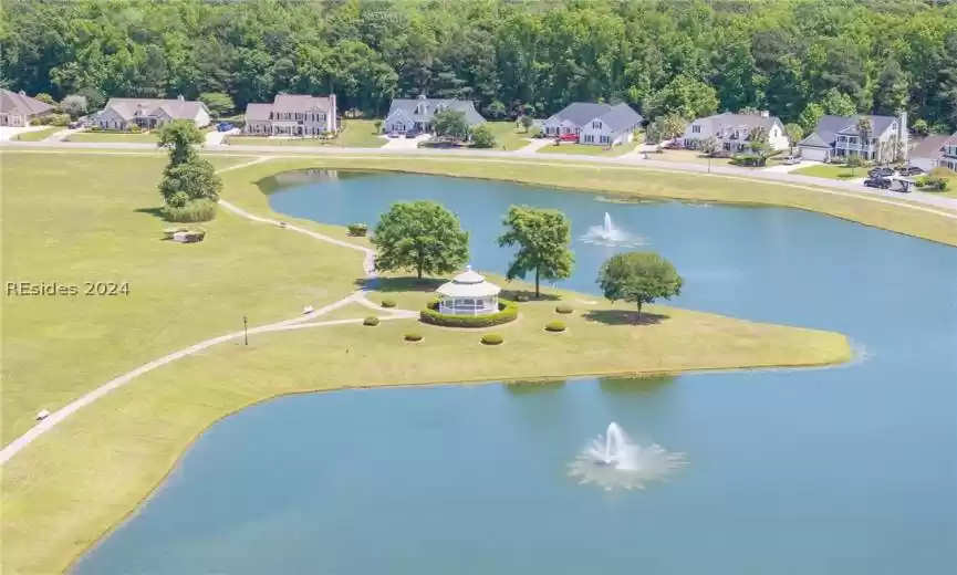 Bird's eye view with view of leisure trails, fountains, & gazebo